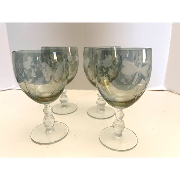 Iridescent Blue Green Wine Glasses Etched Butterfly & Flowers Set of 4 Vintage - Picture 8 of 8